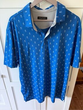 Off Season by Pure Hockey Blue Men's Polo with Micro helmet and sticks print
